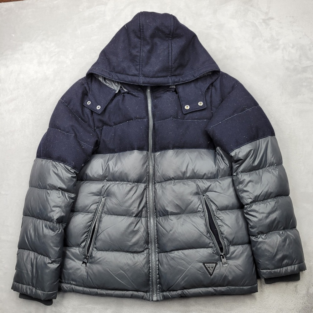 GUESS Jacket Mens Large Down Feather Puffer Coat Quilted Hoodie Vintage Adult
